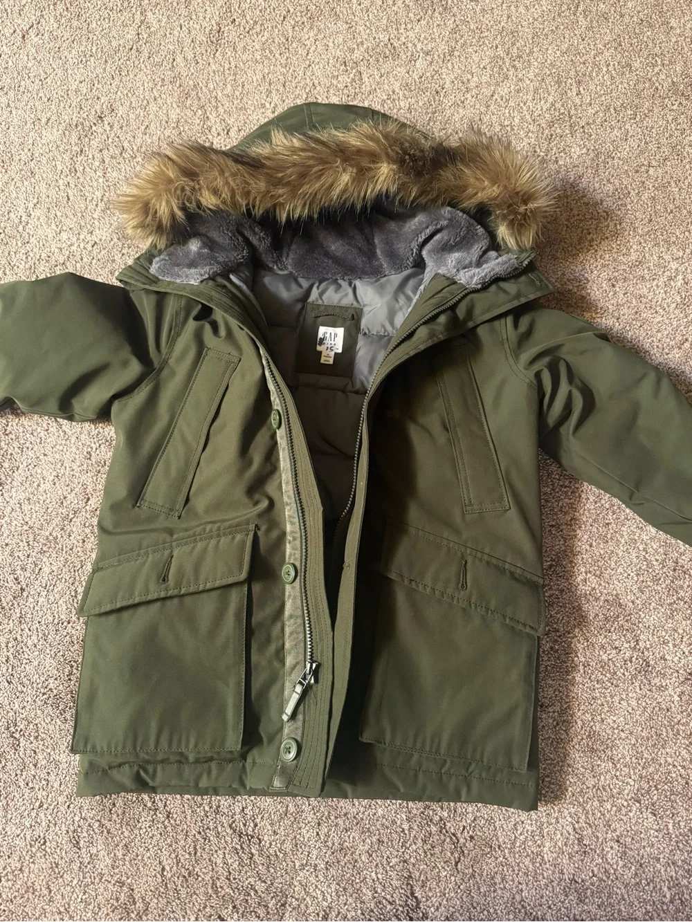 GAP Olive Green Hooded Puffer Coat with Faux-Fur Trim